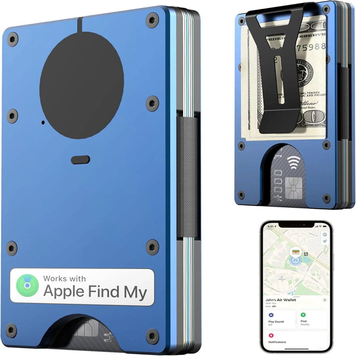 Wallet with Built in Airtag Chip, RFID Blocking Credit Card Holder, Compatible with Find My iOS Only, Detachable Money Clip