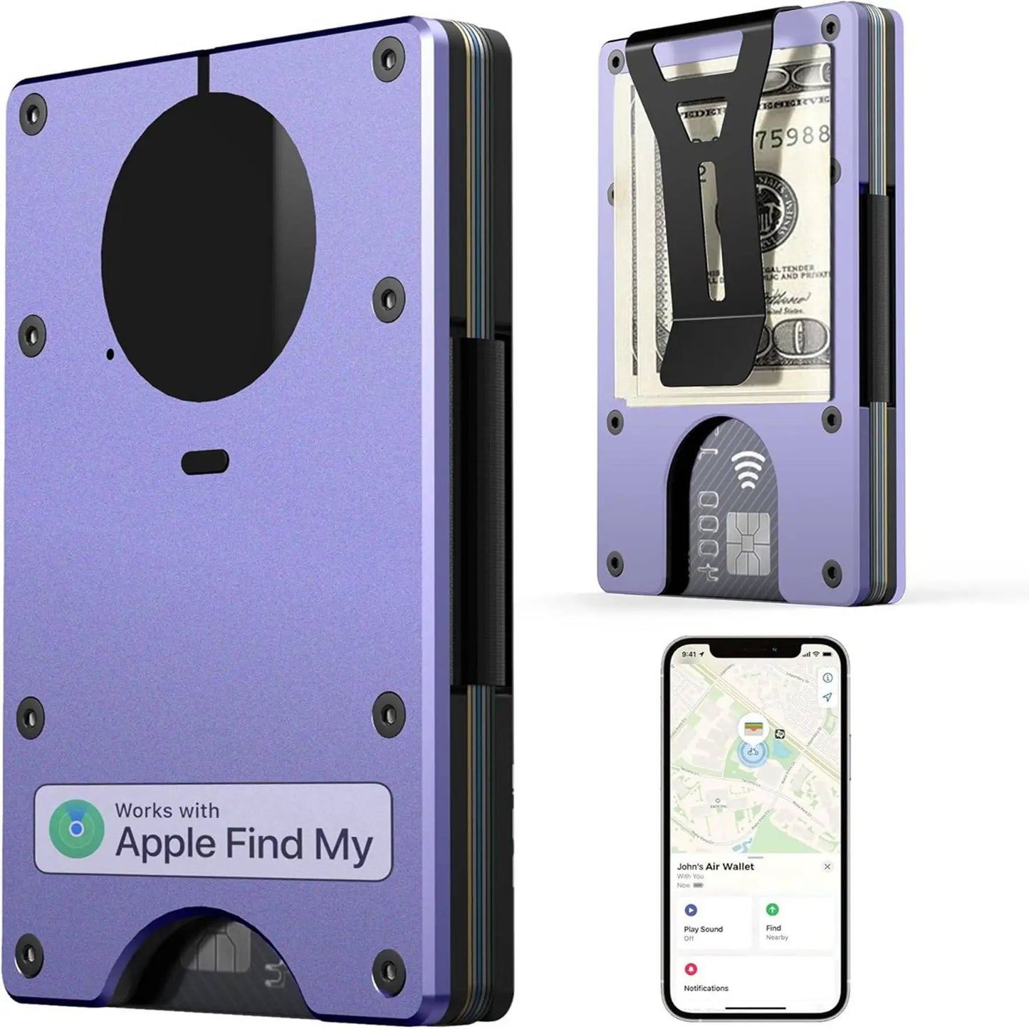 Wallet with Built in Airtag Chip, RFID Blocking Credit Card Holder,  Compatible with Find My iOS Only, Detachable Money Clip
