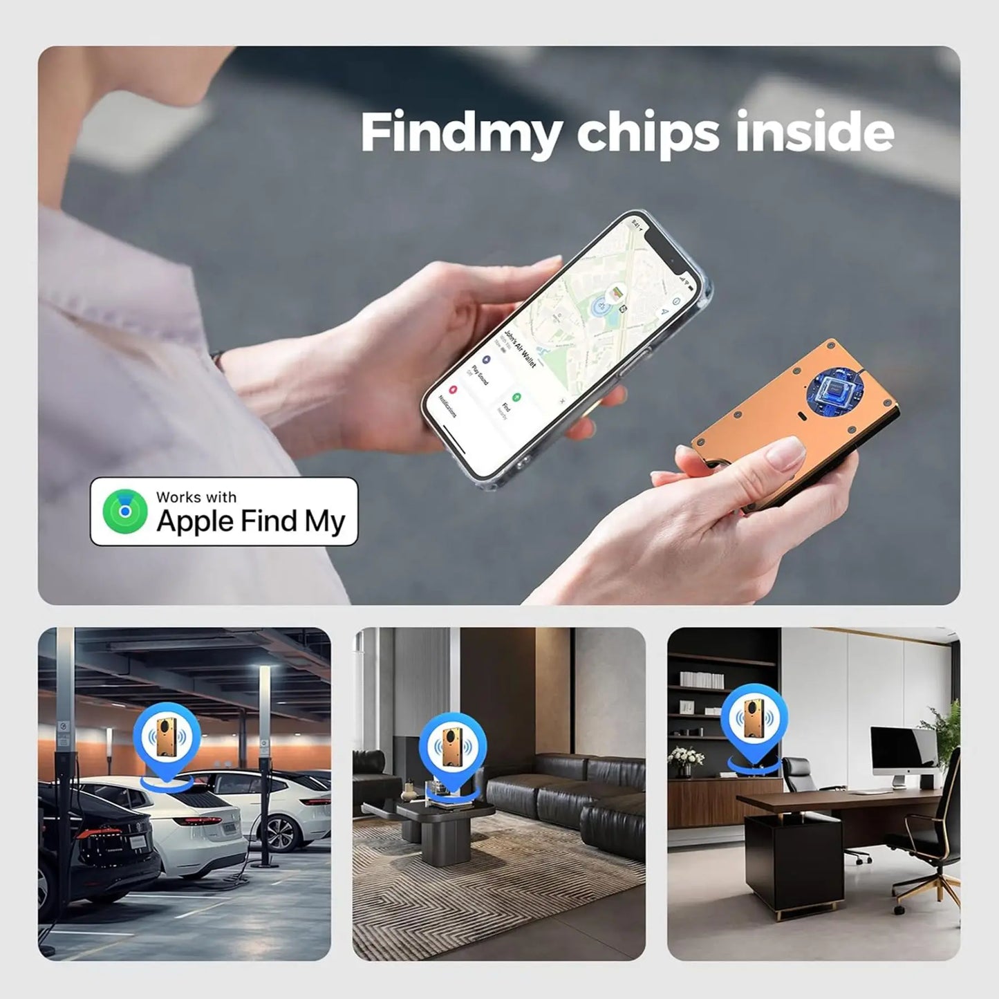 Wallet with Built in Airtag Chip, RFID Blocking Credit Card Holder,  Compatible with Find My iOS Only, Detachable Money Clip