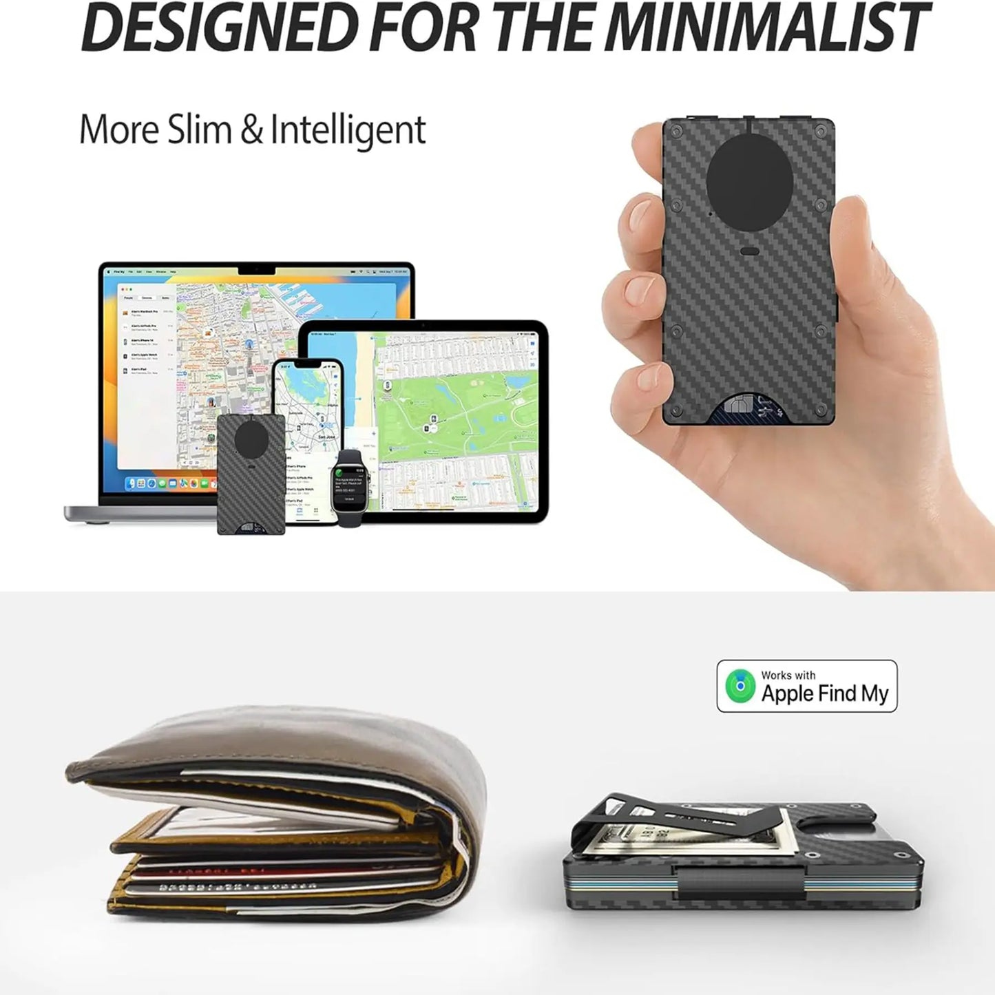 Wallet with Built in Airtag Chip, RFID Blocking Credit Card Holder,  Compatible with Find My iOS Only, Detachable Money Clip