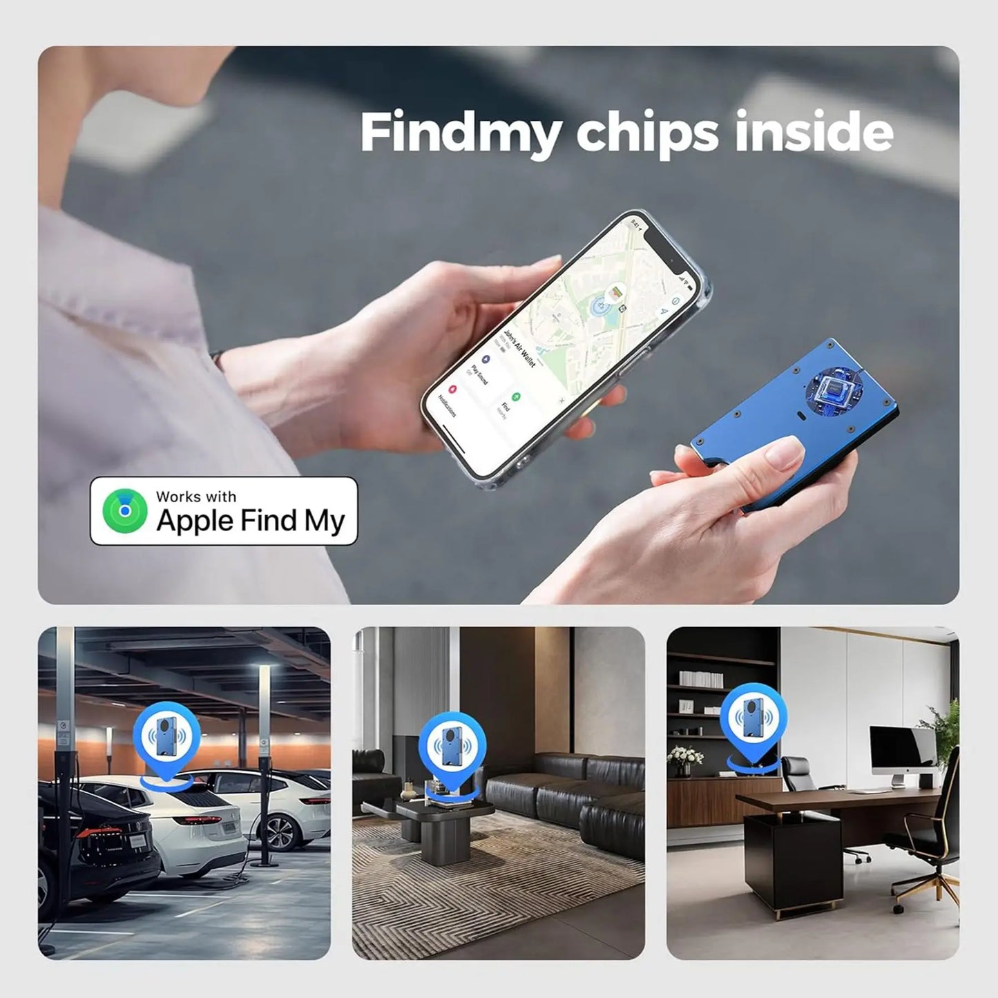 Wallet with Built in Airtag Chip, RFID Blocking Credit Card Holder,  Compatible with Find My iOS Only, Detachable Money Clip