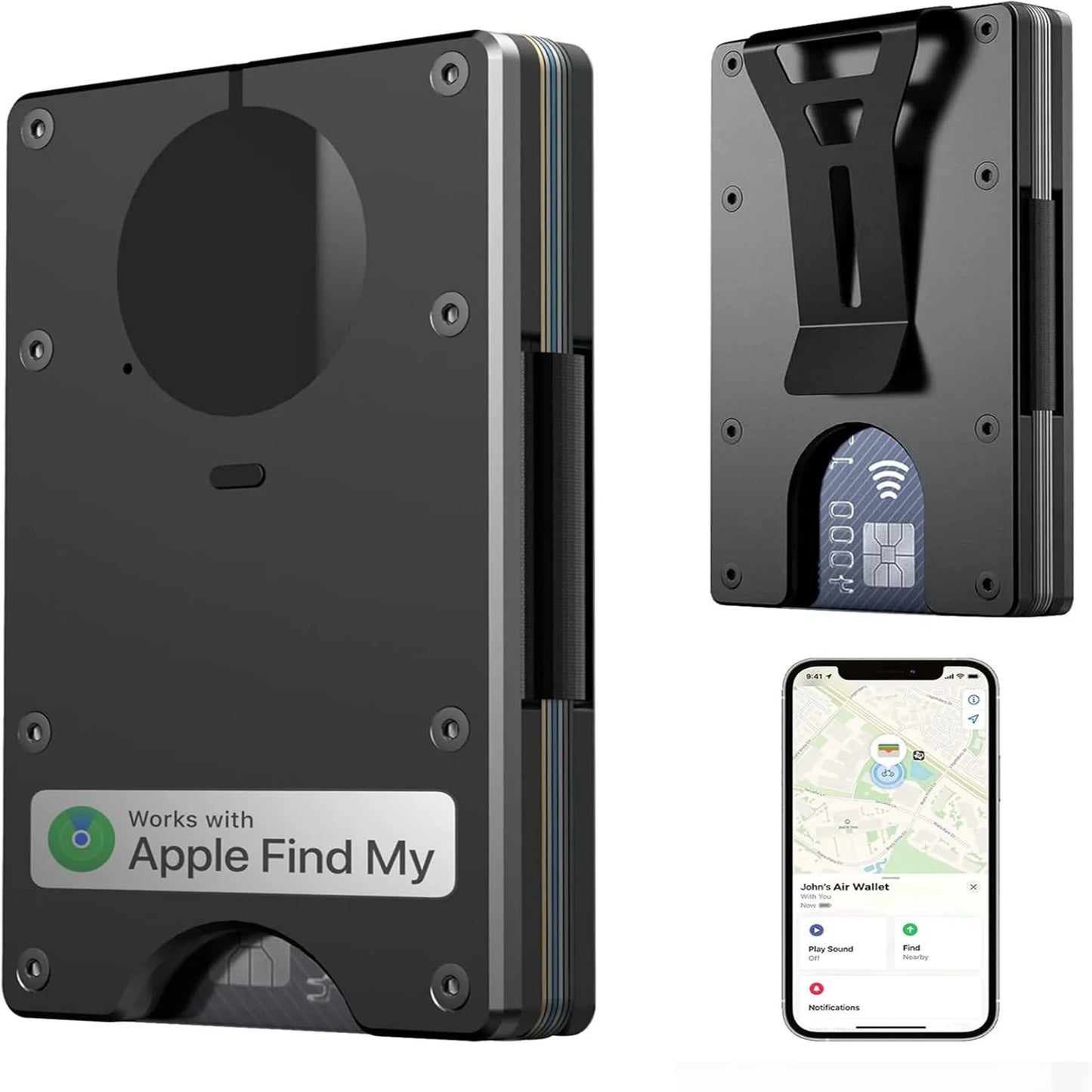 Wallet with Built in Airtag Chip, RFID Blocking Credit Card Holder,  Compatible with Find My iOS Only, Detachable Money Clip