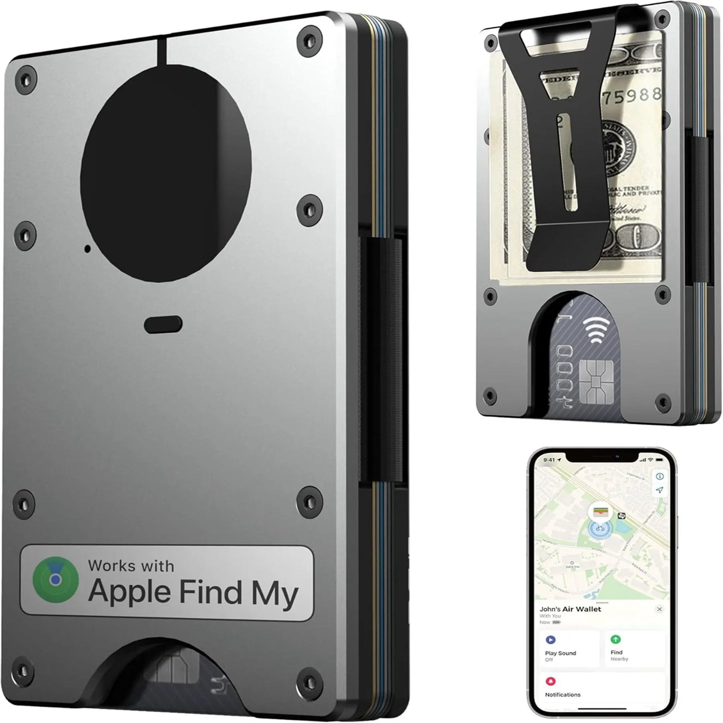 Wallet with Built in Airtag Chip, RFID Blocking Credit Card Holder,  Compatible with Find My iOS Only, Detachable Money Clip