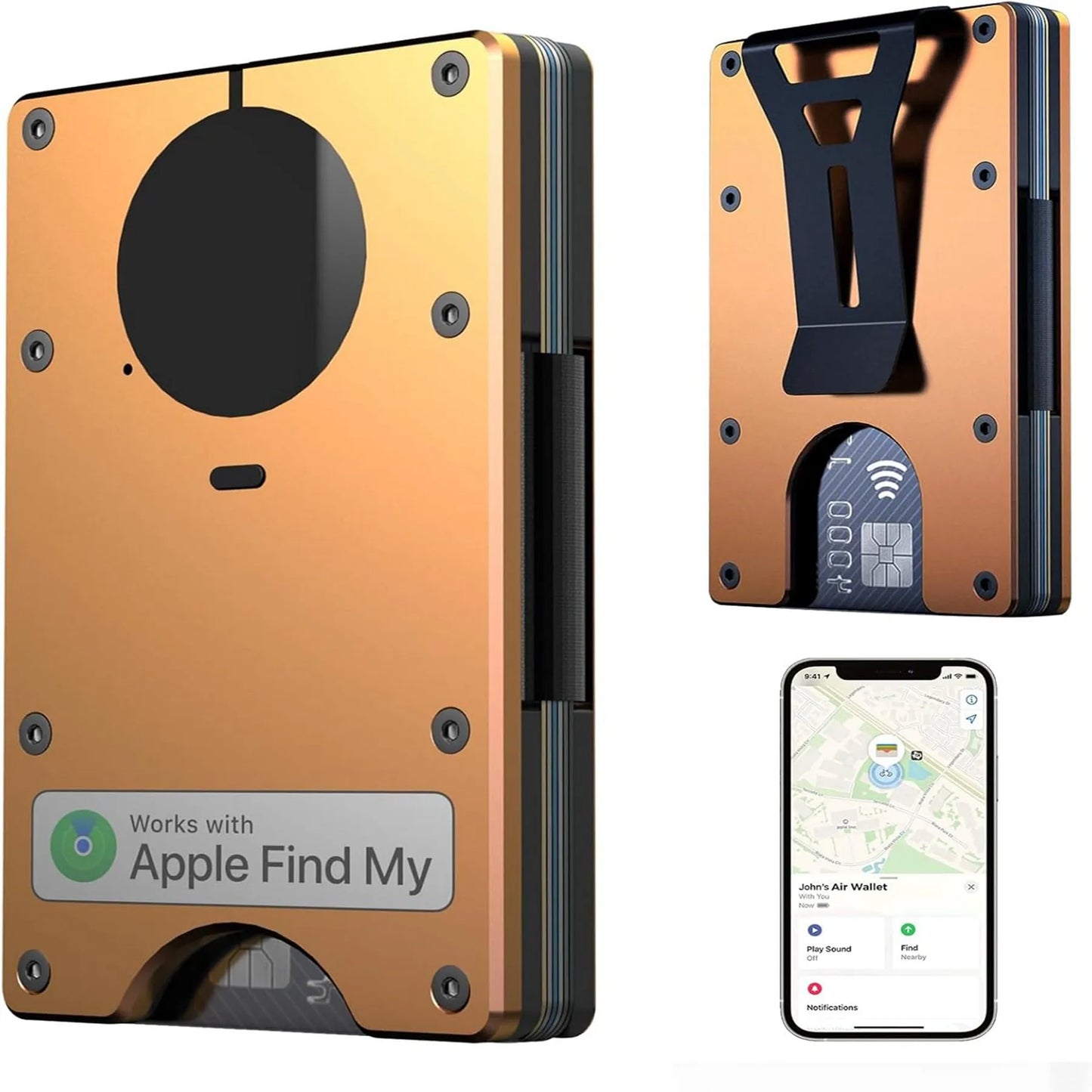 Wallet with Built in Airtag Chip, RFID Blocking Credit Card Holder,  Compatible with Find My iOS Only, Detachable Money Clip